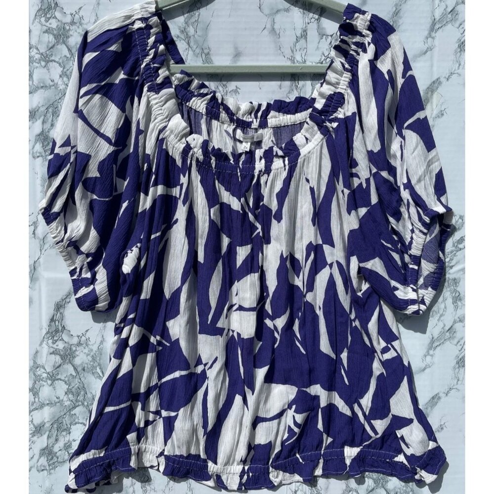 Maurices Womens Purple & White Print Off-Shoulder Top 2X Rayon Short Sleeve